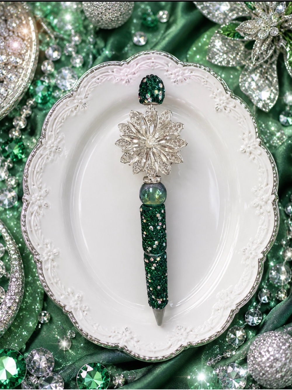 Hand Crafted Emerald Green & Silver Jeweled Pen